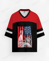 Big & Tall Men's Black And Red Colorblock Independence Day Statue Of Liberty Print Tennis Jersey